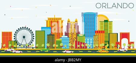 Orlando Skyline with Color Buildings and Blue Sky. Vector Illustration. Business Travel and Tourism Concept with Modern Architecture. Stock Vector