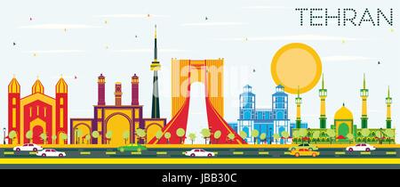 Tehran Skyline with Color Landmarks and Blue Sky. Vector Illustration. Business Travel and Tourism Concept with Historic Buildings. Stock Vector