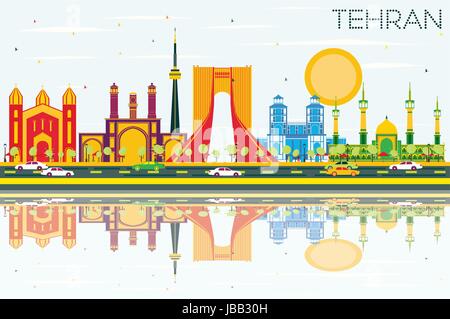 Tehran Skyline with Color Landmarks, Blue Sky and Reflections. Vector Illustration. Business Travel and Tourism Concept with Historic Buildings. Stock Vector