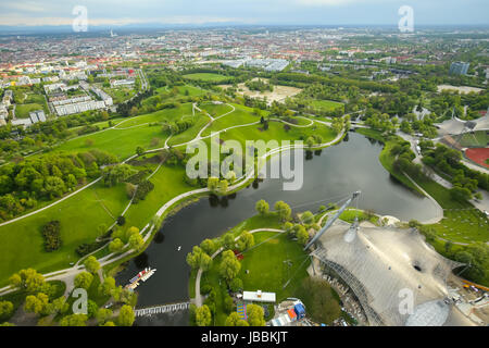 MUNICH, GERMANY - MAY 6, 2017 : The Olympic Park Munich with the city in the background viewed from the Olympic Tower in Bavaria, Germany. The Olympic Stock Photo