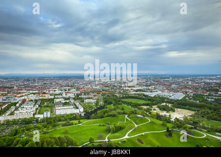 MUNICH, GERMANY - MAY 6, 2017 : The Olympic Park Munich with the city in the background viewed from the Olympic Tower in Bavaria, Germany. The Olympic Stock Photo