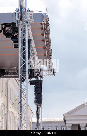 professional lighting and sound equipment on outdoor stage before concert Stock Photo