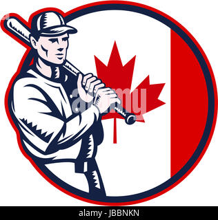 Illustration of a Canadian baseball player batter hitter holding bat on shoulder set inside circle with Canada maple leaf flag done in retro woodcut style isolated on white background. Stock Photo