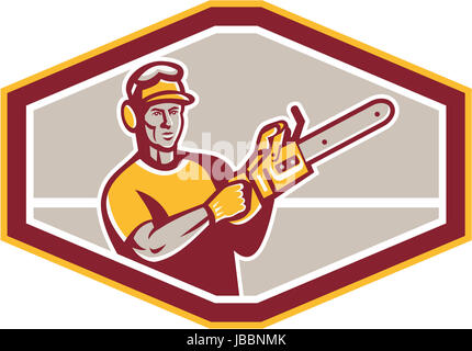 Illustration of arborist tree surgeon lumberjack holding a chainsaw set inside octagon shape on isolated background done in retro style.