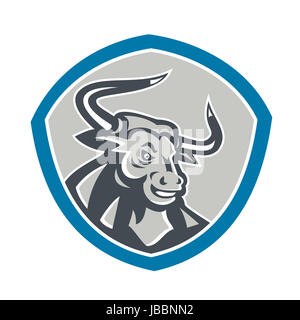 Illustration of an angry raging texas longhorn bull head facing front set inside shield crest on isolated background done in retro style. Stock Photo