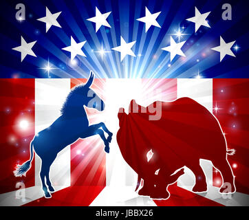 A donkey and elephant in silhouette facing off with an American flag in the background democrat and republican political mascot animals Stock Photo