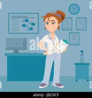 Female doctor with clipboard in medical room Stock Vector