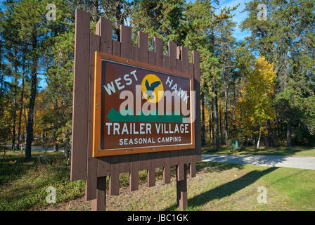 Sign of West Hawk Lake camping, Whiteshell Provincial Park, Manitoba, Canada Stock Photo