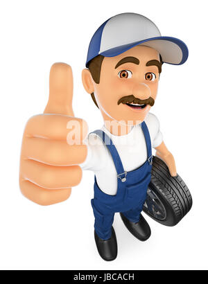 3d working people illustration. Mechanic with a wheel and thumb up. Isolated white background. Stock Photo
