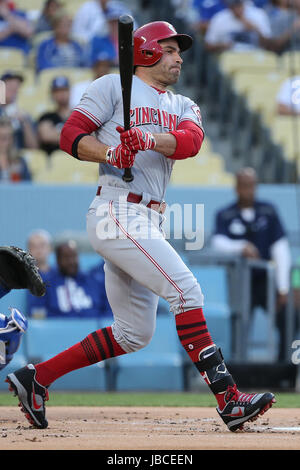 Los Angeles, CA, USA. 9th June, 2017. Cincinnati Reds first baseman Joey Votto #19 watches his grounder in the game between the Cincinnati Reds and the Los Angeles Dodgers, Dodger Stadium in Los Angeles, CA. Peter Joneleit /CSM/Alamy Live News Stock Photo