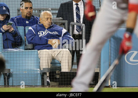 Los Angeles, CA, USA. 9th June, 2017. Dodgers legend Tommy Lasorda watches the game between the Cincinnati Reds and the Los Angeles Dodgers, Dodger Stadium in Los Angeles, CA. Peter Joneleit /CSM/Alamy Live News Stock Photo