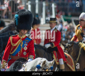 Horse Guards Parade, London, UK. 10th June 2017. His Royal Highness The Duke of Cambridge (pictured) takes the salute from The Irish Guards for the first time on Horse Guards Parade. Prince William, in his role as Colonel of the Regiment, rides onto the iconic parade square as more than one thousand Household Division soldiers perform their ceremonial duty. The Irish Guards, led out by their famous wolfhound mascot Dohmnall, troop their colour in front of 6,000 spectators. Credit: Malcolm Park / Alamy Live News. Stock Photo