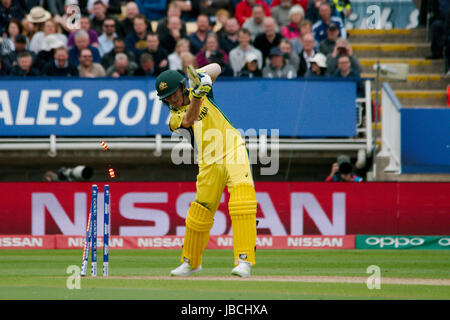 Birmingham, England, 10 June 2017. Adam Zampa of Australia is bowled by Mark Wood of England in their ICC Champions Trophy Group A match at Edgbaston. Credit: Colin Edwards/Alamy Live News. Stock Photo