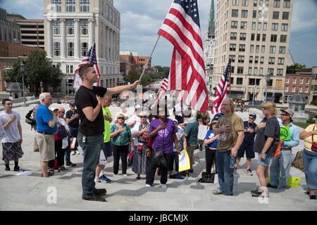Harrisburg, Pennsylvania, USA. 10th June, 2017. About 50 members of ACT for America rallied on the steps of the Pennsylvania state capitol against Sharia law. ACT for America is the largest anti-Muslim group in the United States, according to the Southern Poverty Law Center. Credit: Jim West/Alamy Live News Stock Photo