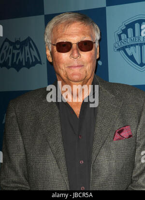Los Angeles, CA, USA. 21st Mar, 2013. 9 June 2017 - Adam West, star of the popular and campy 1960s ''Batman'' TV show, died at the age of 88. In a signature role, West played Bruce Wayne and his alter ego, the crime-fighting, costumed Batman, a popular comics character. File Photo: 21 March 2013 - Los Angeles, California - Adam West. WARNER BROS. CONSUMER PRODUCTS AND JUNK FOOD CLOTHING LAUNCH 1960?S BATMAN CLASSIC TV SERIES PRODUCT LINE Held At Meltdown Comics. Photo Credit: Kevan Brooks/AdMedia Credit: Kevan Brooks/AdMedia/ZUMA Wire/Alamy Live News Stock Photo