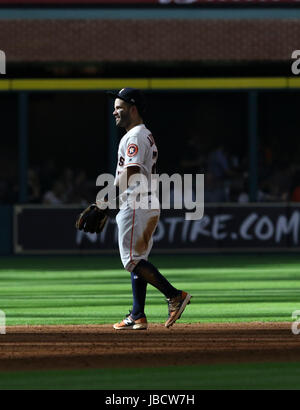 Houston, TX, USA. 10th June, 2017. Houston Astros second baseman Jose Altuve (27) in the ninth inning during the MLB game between the Los Angeles Angels and the Houston Astros at Minute Maid Park in Houston, TX. John Glaser/CSM/Alamy Live News Stock Photo