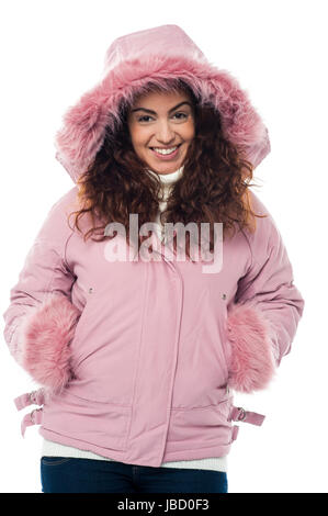 Casual smiling portrait of a charming woman in winter clothing. Stock Photo