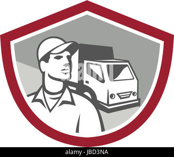 Illustration of a removal man delivery guy with moving truck van in the background set inside shield on isolated background done in retro style. Stock Photo