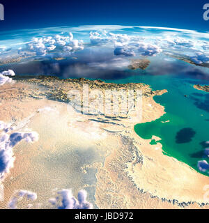 Highly detailed fragments of the planet Earth with exaggerated relief, translucent ocean and clouds, illuminated by the morning sun. Tunisia. Elements of this image furnished by NASA Stock Photo