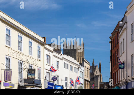 Looking up the High Street towards the cathedral in Wells, Somerset, England, UK Stock Photo