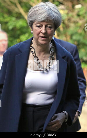 Prime Minister Theresa May arrives to attend Holy Communion at St Andrew's Church in Sonning, Berkshire. Stock Photo