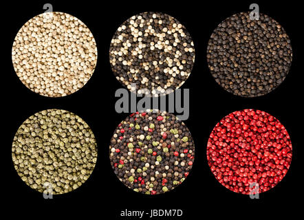 Six variations of peppercorns in circles over black background. Black, white, green and pink pepper. Stock Photo