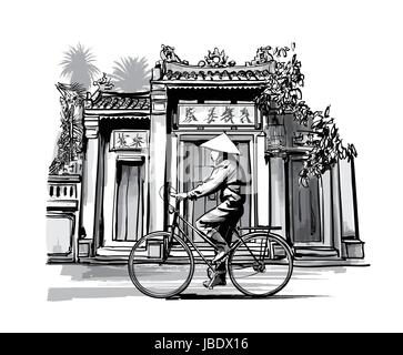 Vietnamese with conical hat on bicycle  - vector illustration Stock Vector