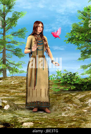 3D digital render of a beautiful native American woman with a pink bird in a green forest Stock Photo
