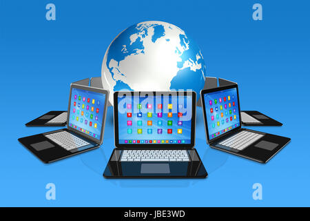 3D Laptop Computers around World Globe - apps icons interface - isolated on blue Stock Photo