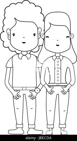 line nice couple with hairstyle and casual clothes Stock Vector