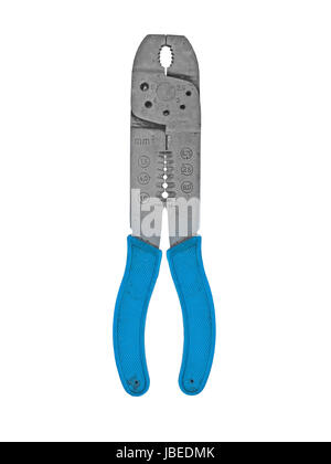 vintage rusty wire stripping and cutting pliers wrench over white, clipping path Stock Photo