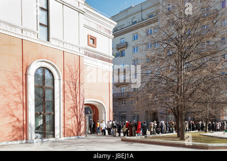 MOSCOW, RUSSIA - MARCH 29, 2014: tourist queue in Engineering Building of State Tretyakov Gallery. Tretyakovskaya Galereya is art gallery, the biggest depository of Russian fine art in the world Stock Photo