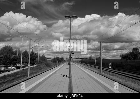 trainstation in bavaria in black and white on a sunny day Stock Photo