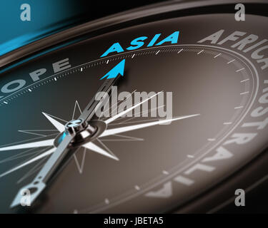 Abstract compass needle pointing the destination asia, blue and brown tones with focus on the main word. Concept image suitable for illustration of trip counseling. Stock Photo