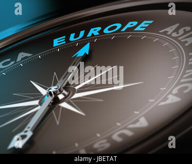 Abstract compass needle pointing the destination europe, blue and brown tones with focus on the main word. Concept image suitable for illustration of trip counseling. Stock Photo