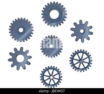 Set of abstract steel toothed wheels cogs, mechanism isolated on a white background Stock Photo