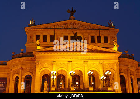 The pictures shows the old opera house in Frankfurt / Main (Hesse, Germany). The inscription above the gallery means the truth, beauty and goodness. Stock Photo