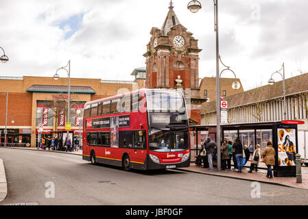 London General Enviro 400 Bus, Bexleyheath Coronation Memorial Clock Tower, Market Place, Bexleyheath, London, England Stock Photo