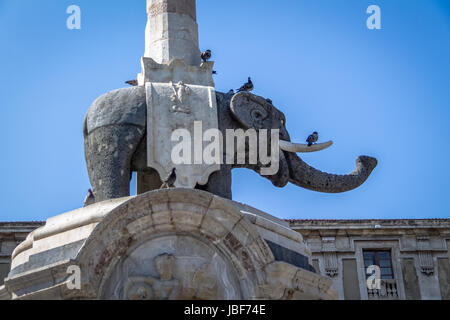 Elephant Sculpture Fountain at Piazza del Duomo (Cathedral Square) - Catania, Sicily, Italy Stock Photo