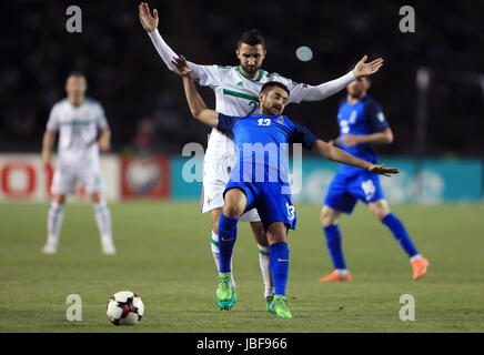 Northern Ireland's Conor McLaughlin (left) and Azerbaijan's Dimitrij Nazarov battle for the ball during the 2018 FIFA World Cup qualifying, Group C match at the Tofik Bakhramov Stadium, Baku. Stock Photo