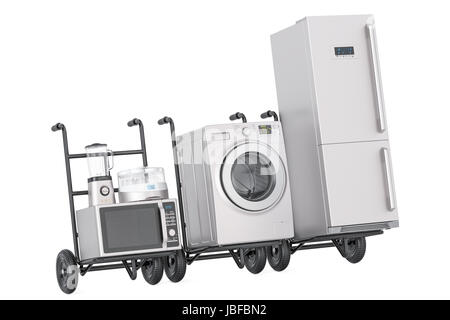 Delivery of household kitchen appliances. Hand trucks with fridge, washing machine, microwave oven, blender and yogurt maker, 3D rendering Stock Photo