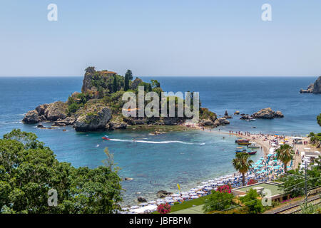 Aerial view of Isola Bella island and beach - Taormina, Sicily, Italy Stock Photo