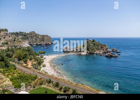 Aerial view of Isola Bella island and beach - Taormina, Sicily, Italy Stock Photo