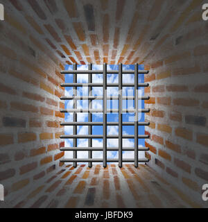 Prison's window and bars in wall from red brick with beams of sun Stock Photo