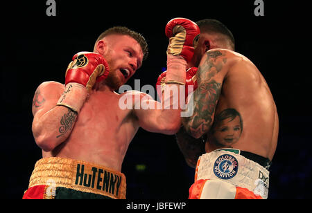 James Tennyson (left) and Ryan Doyle during their WBA International Super-Featherweight Championship at Odyssey Arena Belfast. PRESS ASSOCIATION Photo. Picture date: Saturday June 10, 2017. See PA story BOXING Belfast. Photo credit should read: Brian Lawless/PA Wire Stock Photo