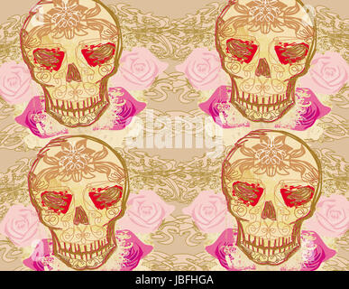 Skull and Flowers Day of The Dead Seamless Background Stock Photo