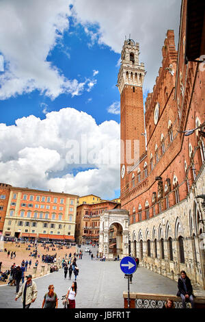 Siena, Italy - MAY 4, 2017: View of 'Piazza del Campo' main square in the city center of Siena, famous for its horse race and parade called 'Palio di  Stock Photo