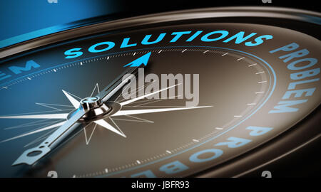 Compass needle pointing the word solutions. Dark brown, blue and black background with focus on the main word. Concept 3D image for illustration of business support service or advice. Stock Photo