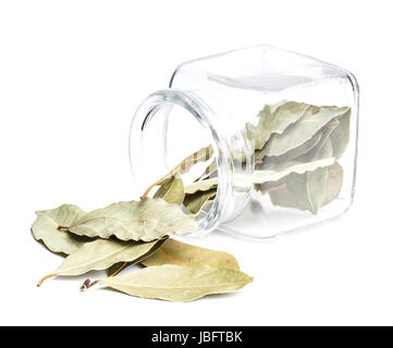 Bay leaves in the overturned glass jar Stock Photo