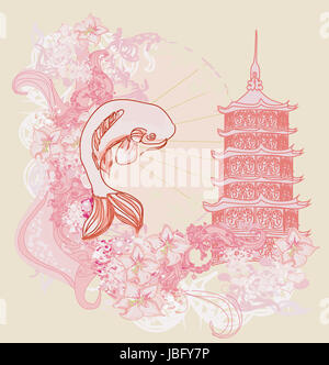 japanese koi and ancient building background Stock Photo